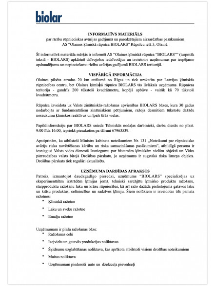 Informative material on actions in the event of an industrial accident and planned protective measures at JSC Olaine chemical plant BIOLAR