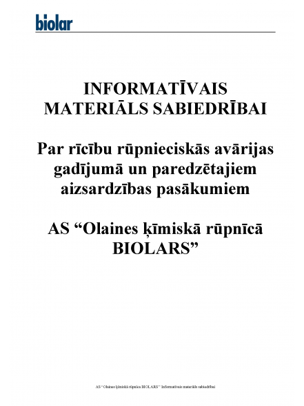 Informative material on actions in the event of an industrial accident and planned protective measures at JSC Olaine chemical plant BIOLAR